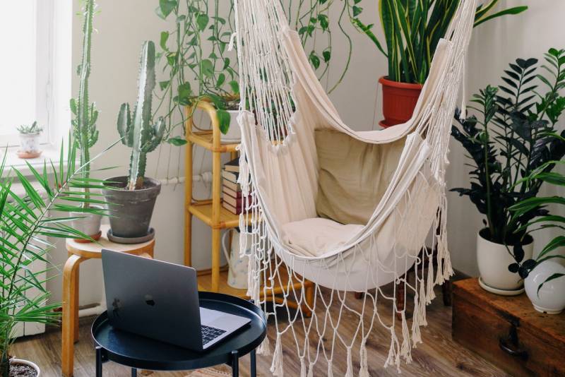 Open laptop sits on table in front of white hammock in room full of houseplants 